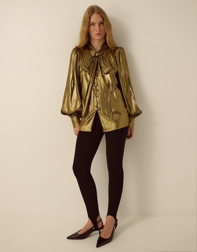 Monsoon x Queens of Archive Debbie Tie Neck Metallic Blouson Blouse​, Gold (GOLD), large