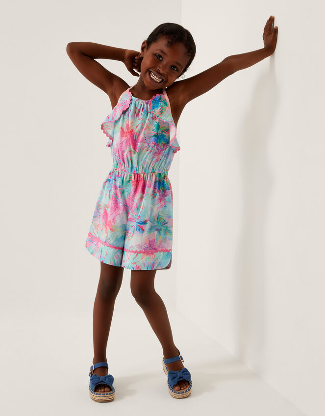 Frill Palm Print Halter Playsuit, Blue (TURQUOISE), large