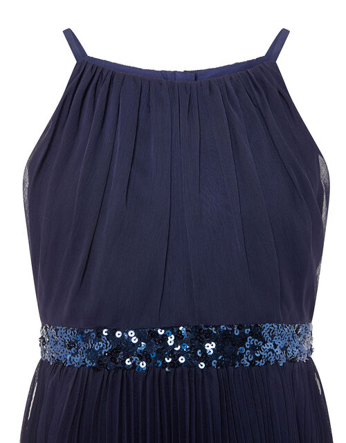 Sequin Waistband Chiffon Prom Dress, Blue (NAVY), large