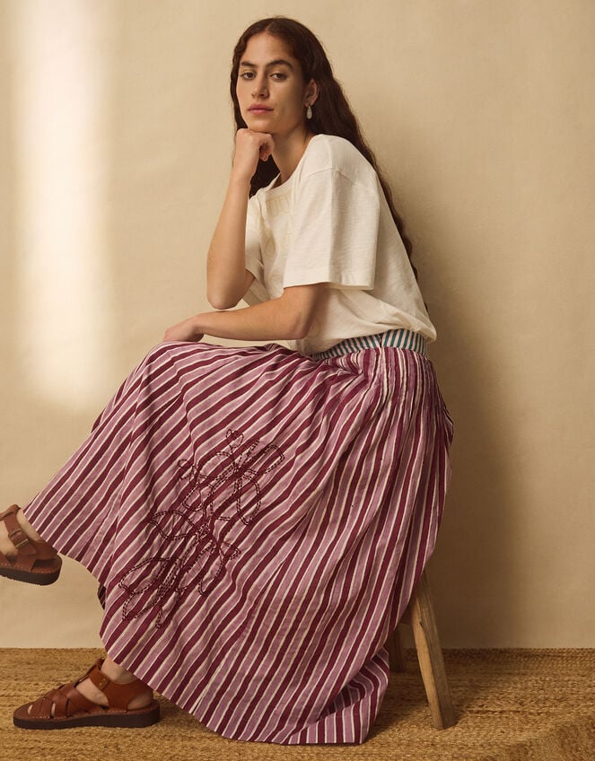 East Vika Hand-Woodblock Stripe Maxi Skirt, Red (BERRY), large