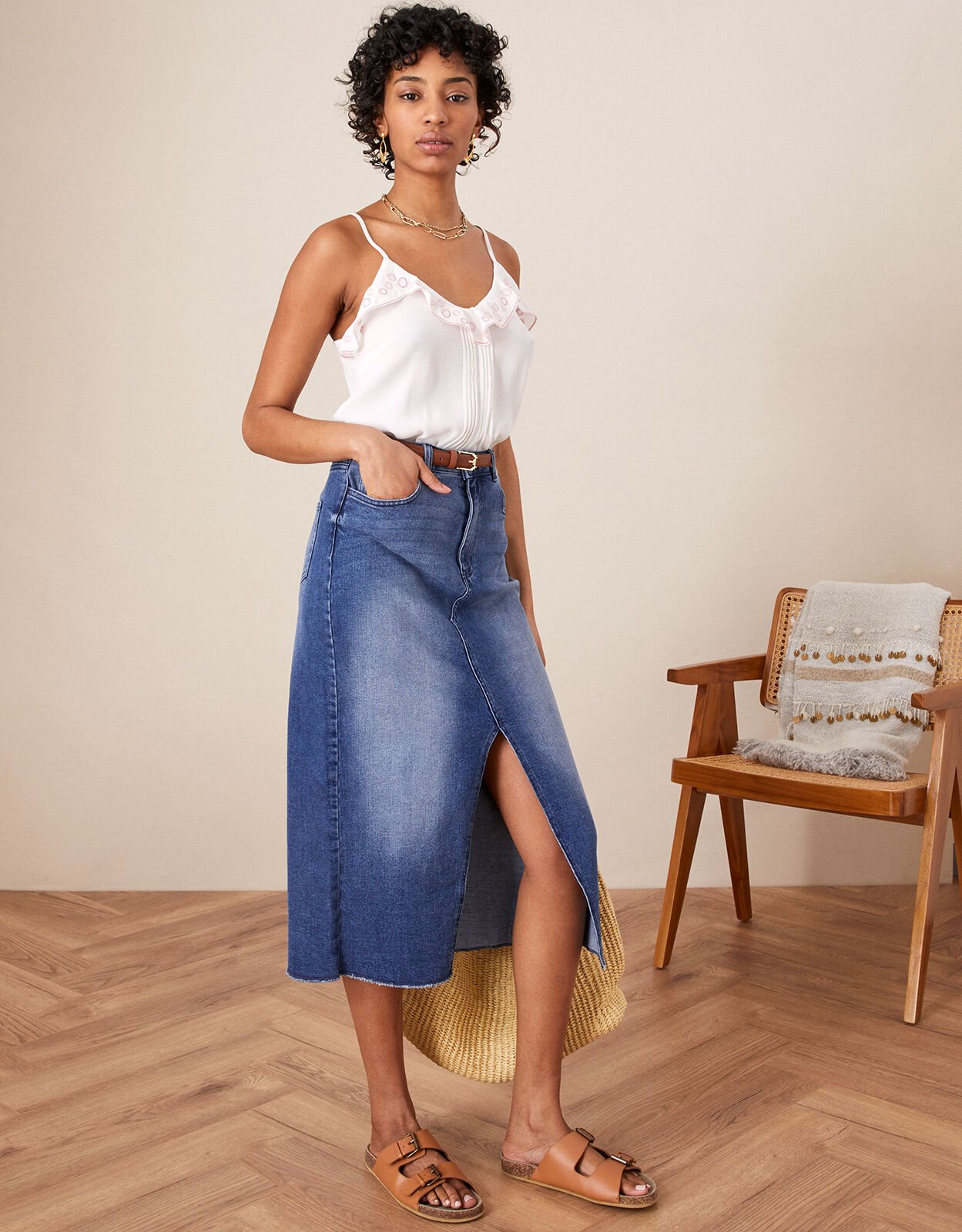 Denim midi skirt with front split online
