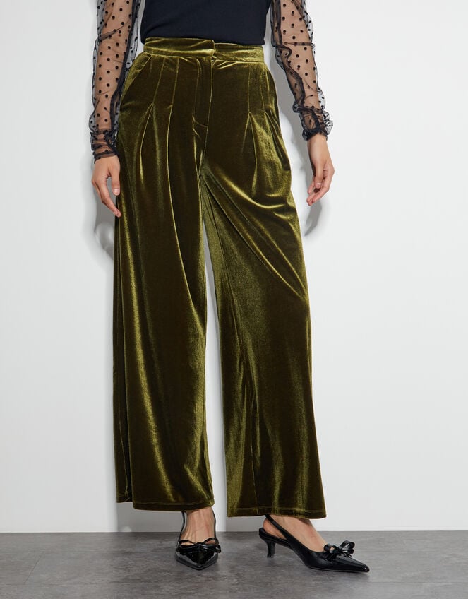 Valery Wide Leg Velvet Trousers, Green (OLIVE), large