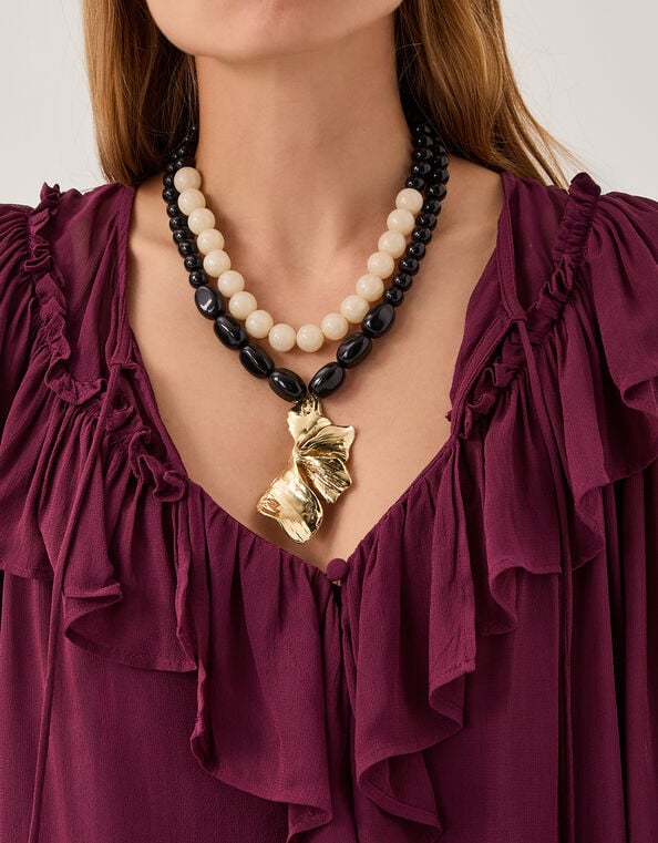 Layered Bead Floral Pendant Necklace, , large