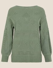 Stitch and Bobble Detailed Jumper in Recycled Cotton, Green (KHAKI), large