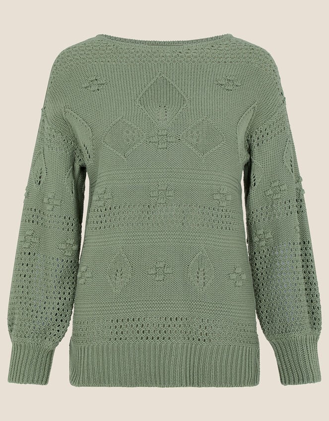 Stitch and Bobble Detailed Jumper in Recycled Cotton, Green (KHAKI), large