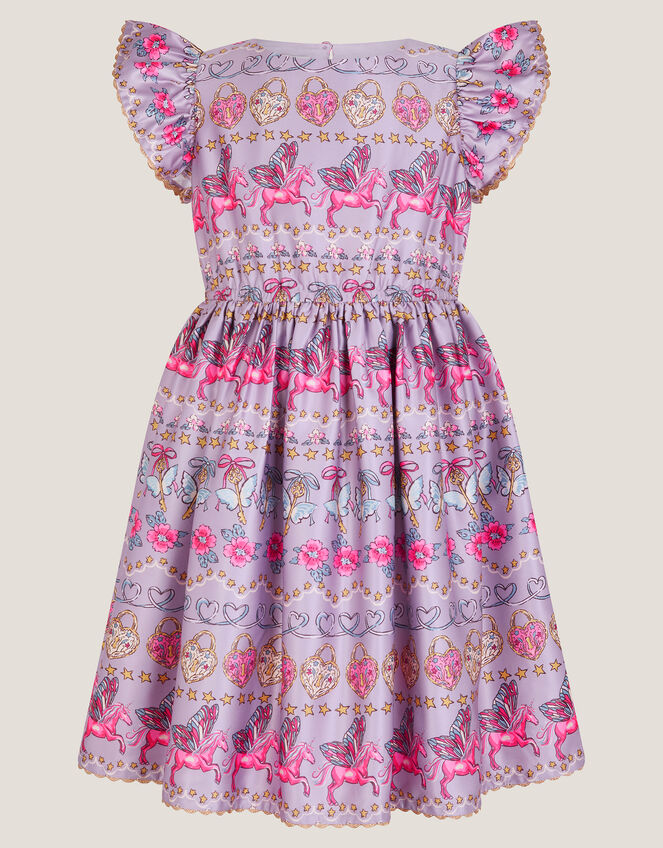 Magical Unicorn Print Satin Dress, Purple (PURPLE), large