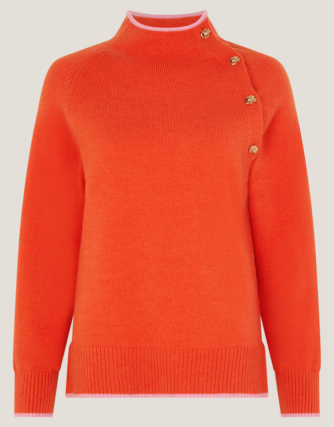 Bella High Neck Button Jumper, Orange (ORANGE), large