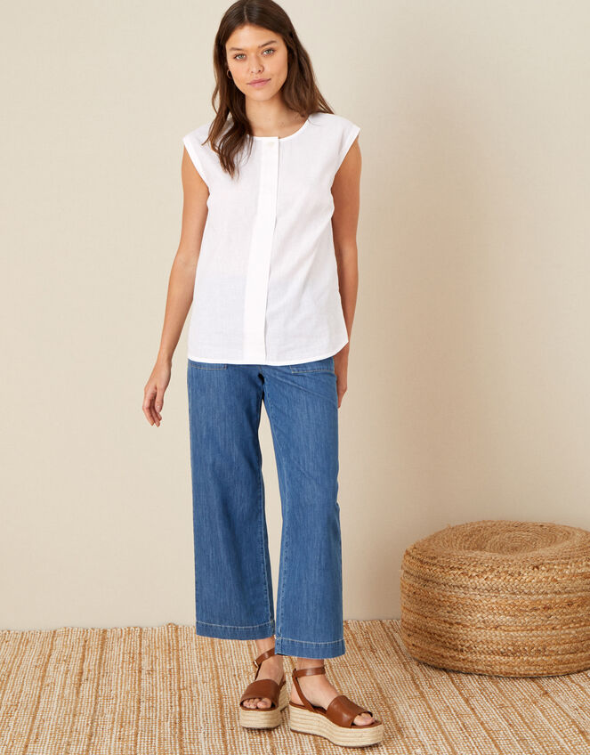 Sleeveless Top in Linen Blend, White (WHITE), large