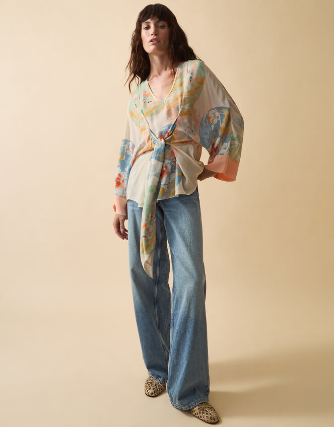 Clemence Amelie Tie Front Floral Top Cream