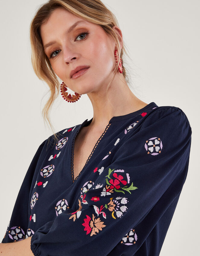 Embroidered Jersey Top, Blue (NAVY), large