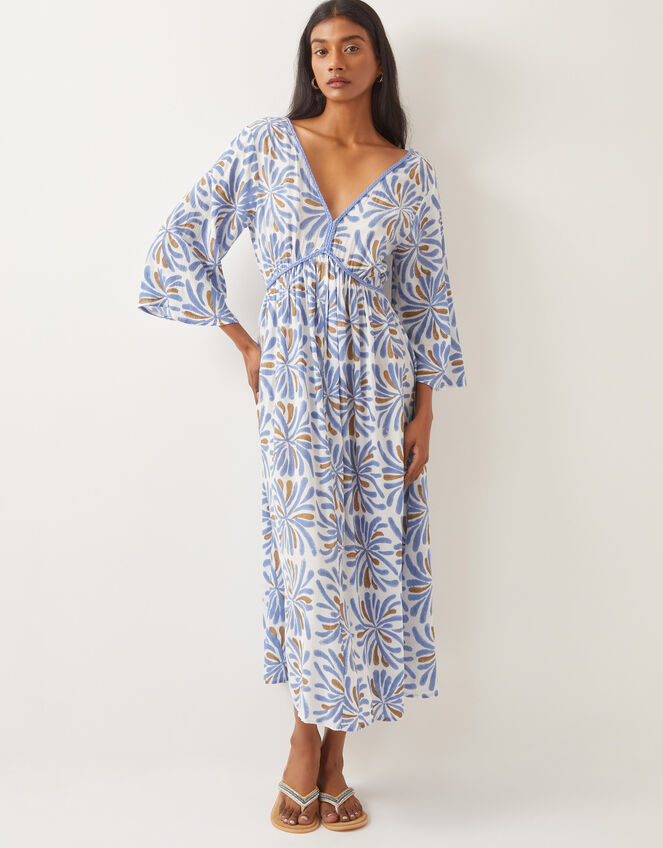 Cece V-Neck Woodblock Print Midi Dress, Blue (BLUE), large