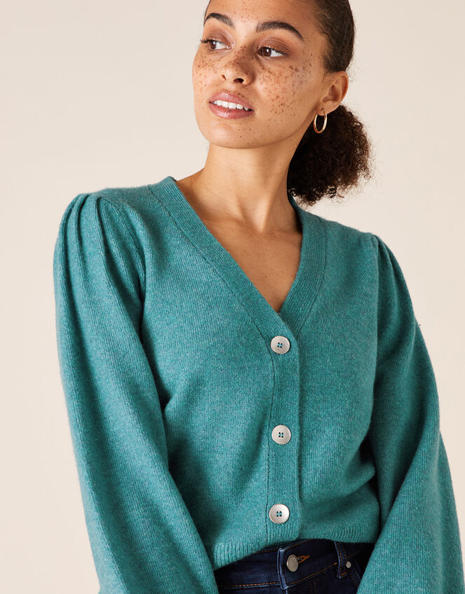 Blouson Sleeve Cardigan with Recycled Fabric, Green (GREEN), large