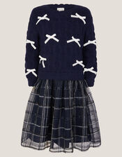 Bow Knit 2-in-1 Check Dress, Blue (NAVY), large