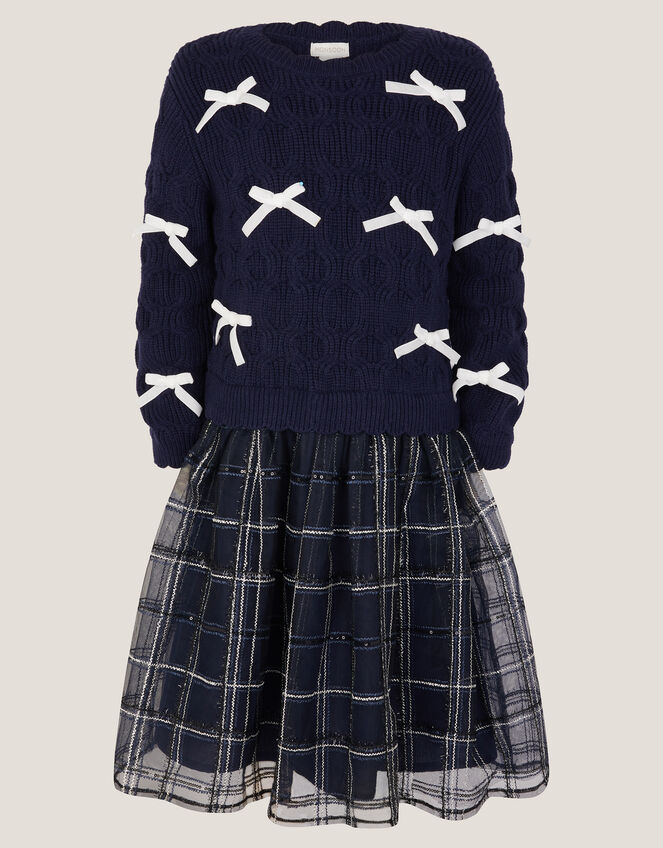 Bow Knit 2-in-1 Check Dress, Blue (NAVY), large
