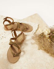 Embellished Trim Leather Slingback Sandals, Natural (NATURAL), large
