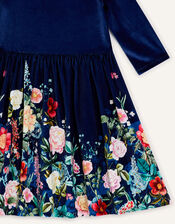 Botanical Print Velvet Dress, Blue (NAVY), large