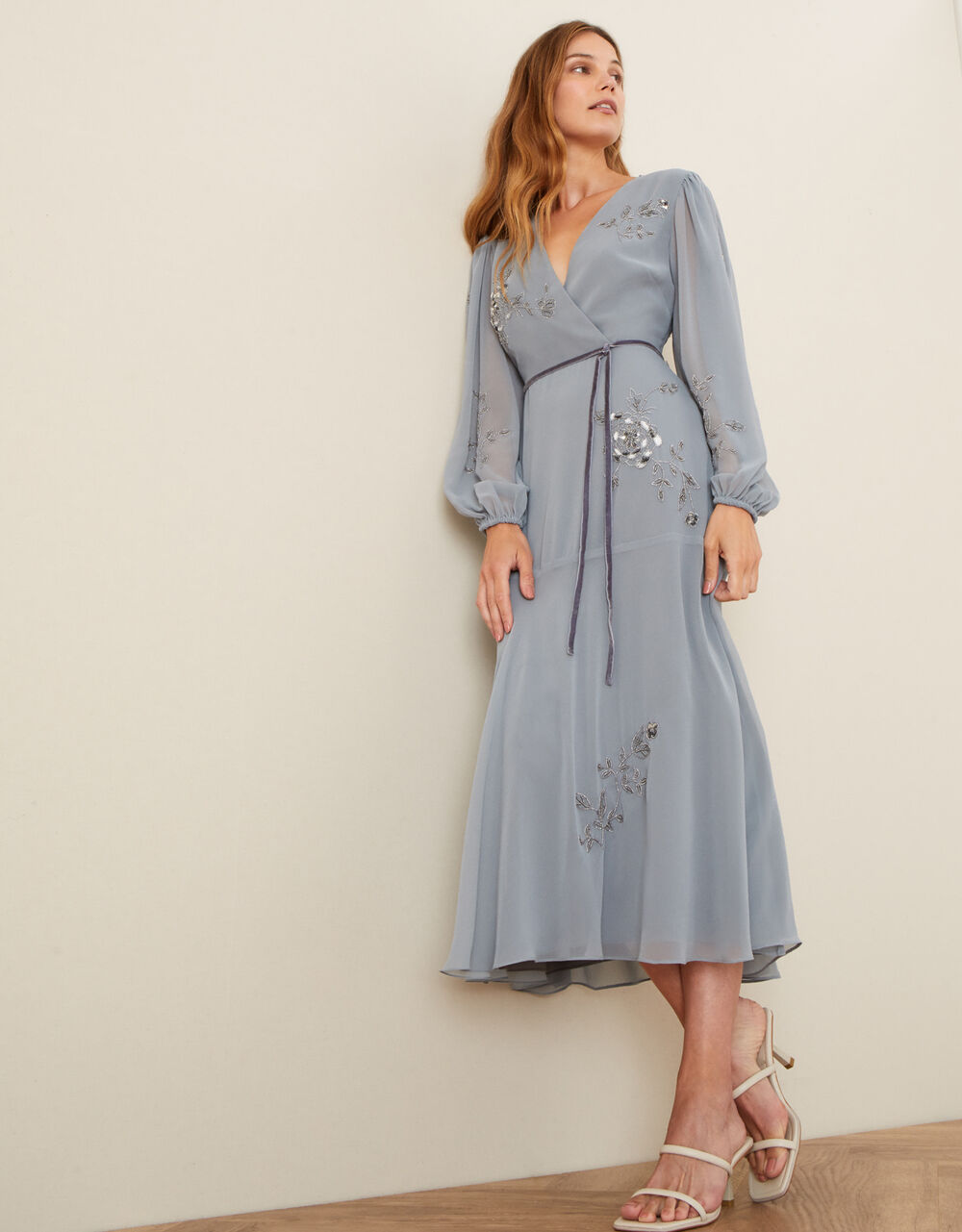 Women Dresses | Gracie Embroidered Wrap Dress in Recycled Fabric Grey - JH90015