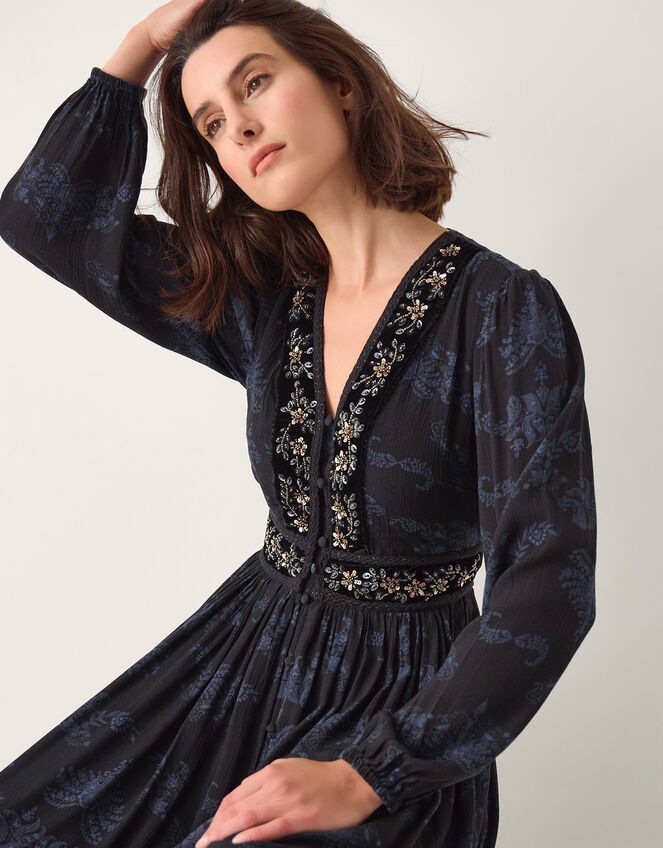 Kelly Floral Print Embellished Midi Dress , Blue (MIDNIGHT), large