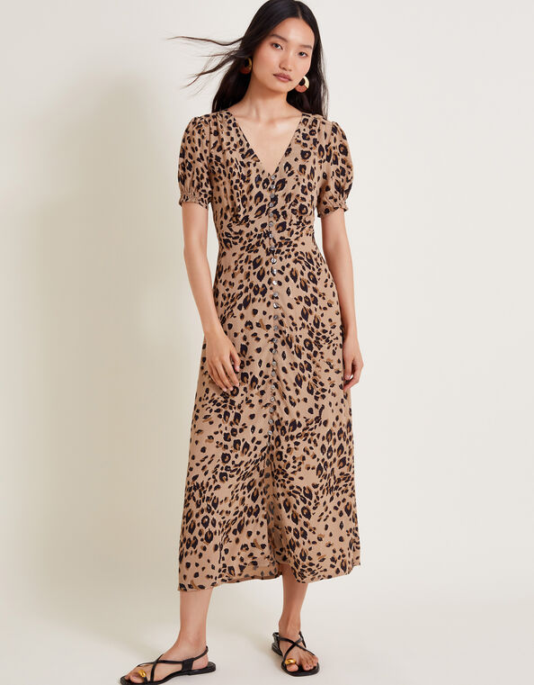 Raife Midi Leopard Print Tea Dress, Natural (NATURAL), large