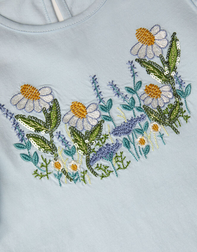 Floral Embroidered Frill T-Shirt, Blue (BLUE), large