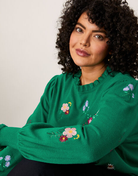 Floral Embroidered Frill Neck Jumper Green, Green (GREEN), large