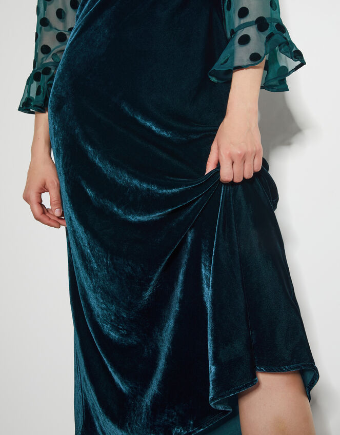 Dora Polka Dot Velvet Midi Dress, Teal (TEAL), large