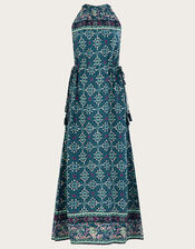 Geometric Tile Print Halter Maxi Dress, Teal (TEAL), large