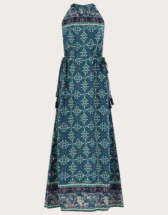 Geometric Tile Print Halter Maxi Dress, Teal (TEAL), large