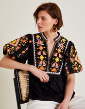 Bernie Embroidered Puff Sleeve Blouse, Black (BLACK), large