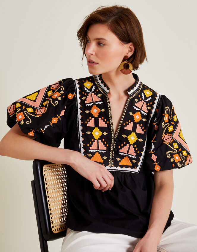 Bernie Embroidered Puff Sleeve Blouse, Black (BLACK), large
