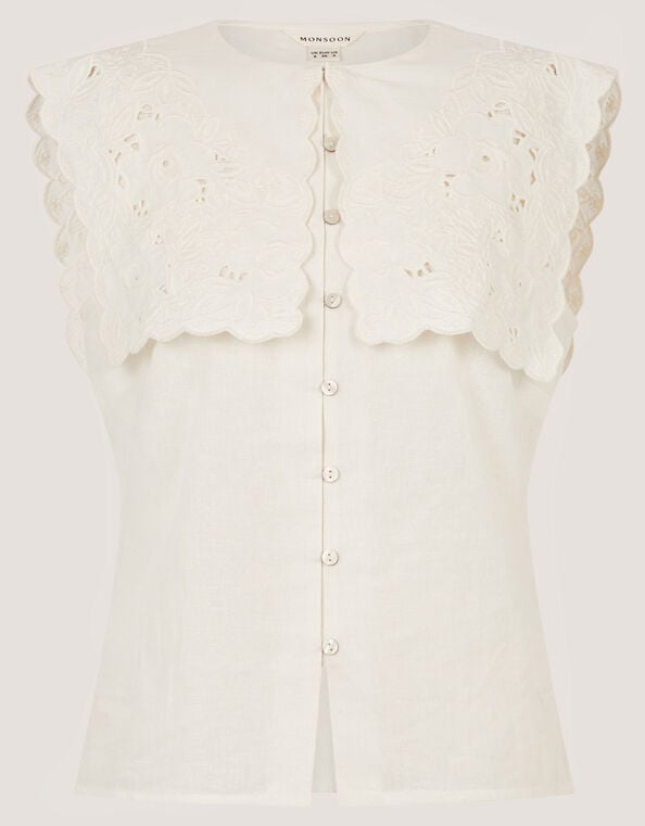 Lexi Sleeveless Embroidered Linen Blend Top, Ivory (IVORY), large