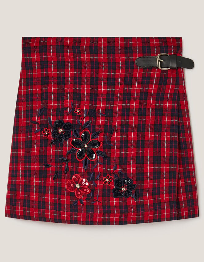 Floral Embroidered Tartan Kilt Skirt, Red (RED), large