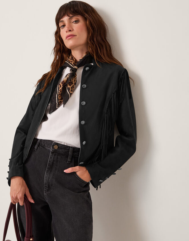 Salome Fringe Faux Suede Jacket, Black (BLACK), large