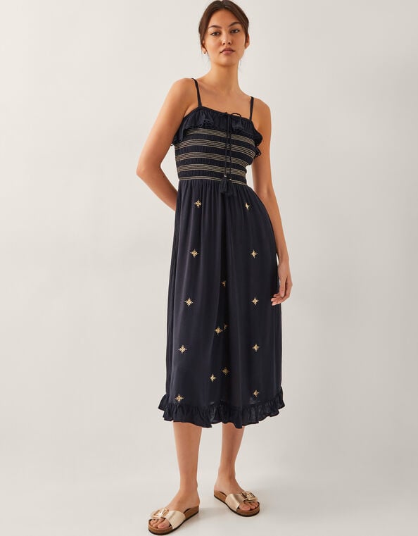 Blair Embroidered Frill Midi Dress, Black (BLACK), large