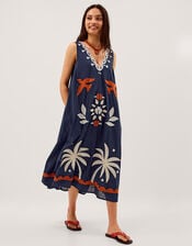 Eloise Tropical Embroidered Midi Dress, Blue (NAVY), large