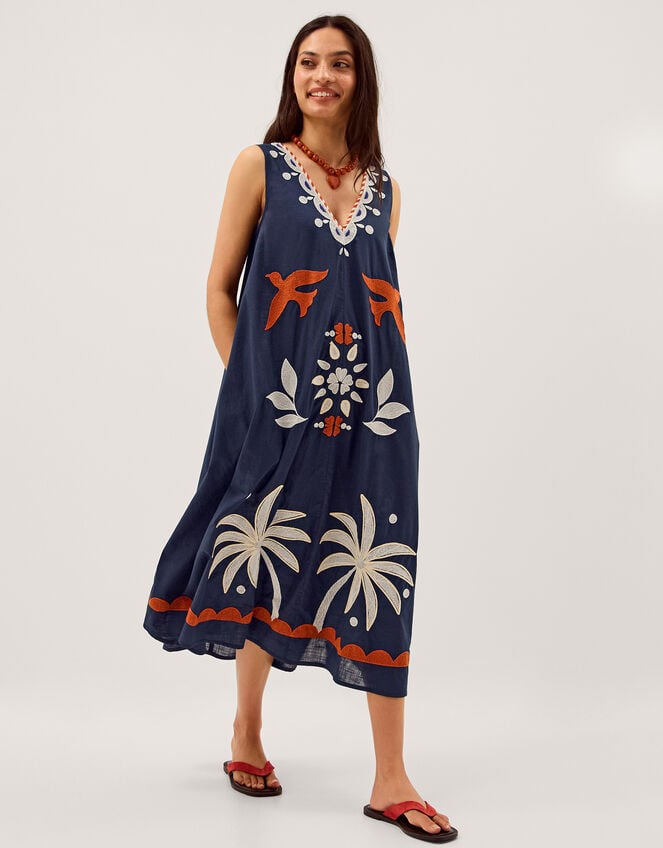 Eloise Tropical Embroidered Midi Dress, Blue (NAVY), large