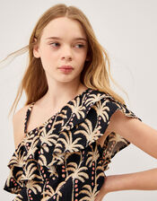 One-Shoulder Palm Print Frill Playsuit, Black (BLACK), large