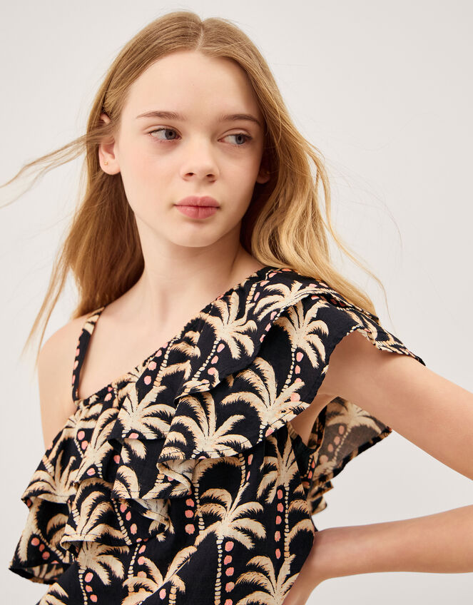 One-Shoulder Palm Print Frill Playsuit, Black (BLACK), large