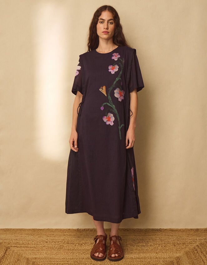 East Filipa Watercolour Floral Midi Dress, Blue (NAVY), large