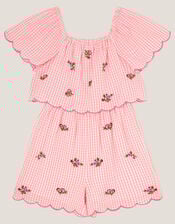 Floral Embroidered Gingham Playsuit, Pink (PINK), large