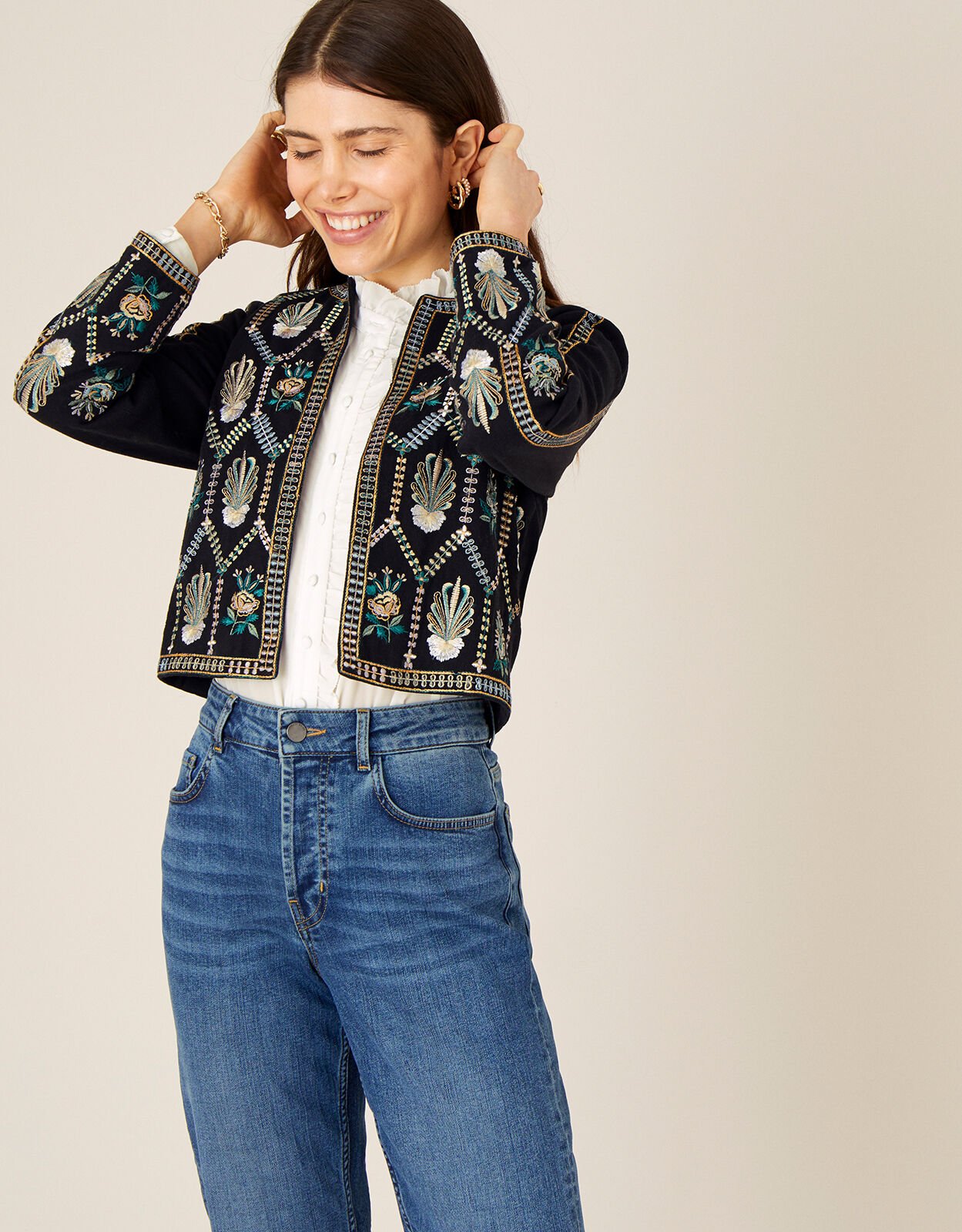 Embroidered cropped jacket clearance