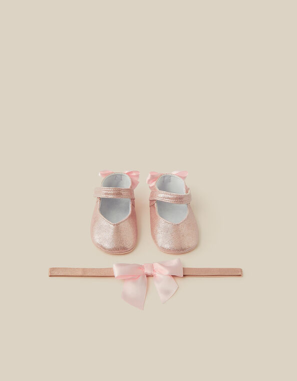 Baby Bow Metallic Booties & Headband Set, Pink (PINK), large