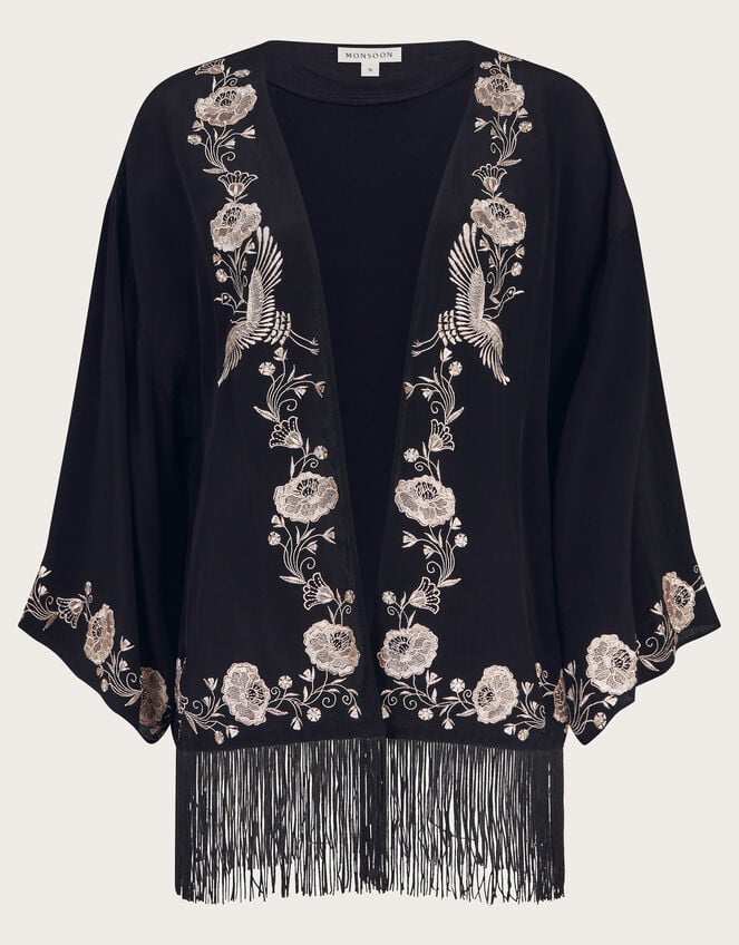 Erin Embroidered Fringe Jacket, Black (BLACK), large