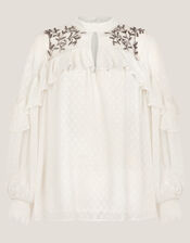 Debbie Embellished Polka Dot Ruffle Blouse, Ivory (IVORY), large