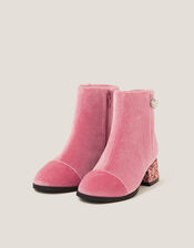 Velvet Glitter Heel Boots, Pink (PINK), large