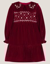 Baby Floral Embroidered Velvet Dress, Red (BURGUNDY), large