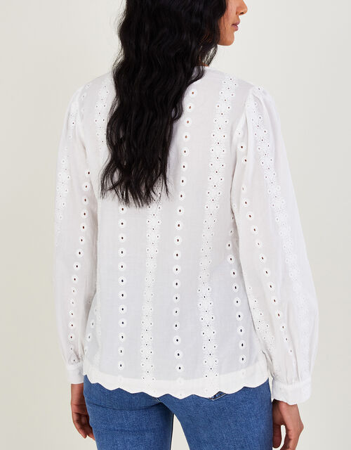 Schiffli Embroidered Long Sleeve Top, White (WHITE), large