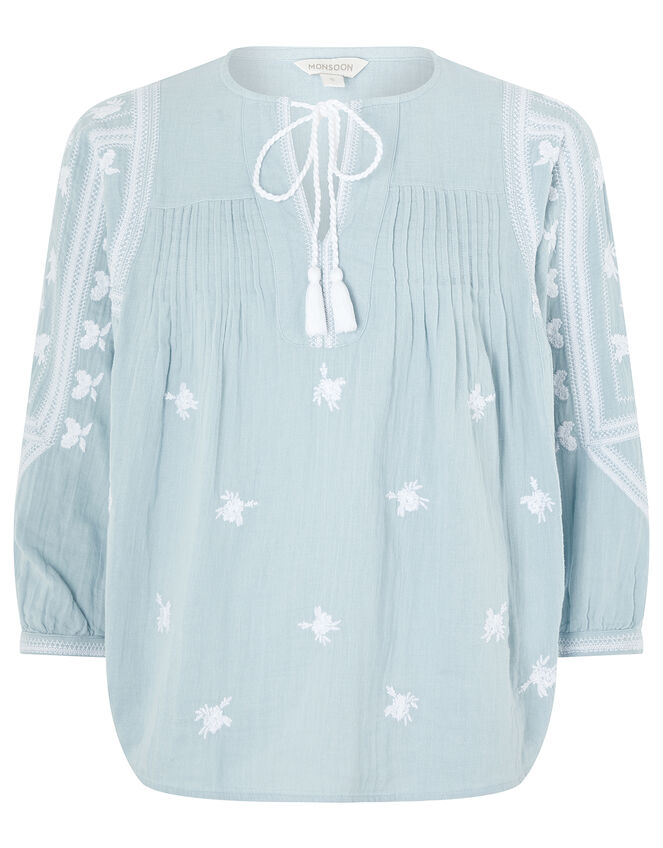 Ellen Embroidered Tassel Blouse, Blue (BLUE), large