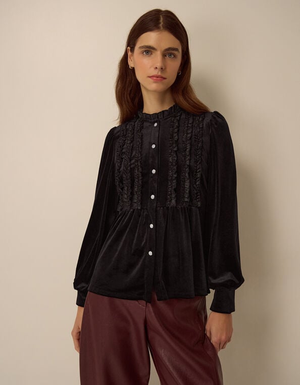 Ruby Long Sleeve Ruffle Velvet Top, Black (BLACK), large