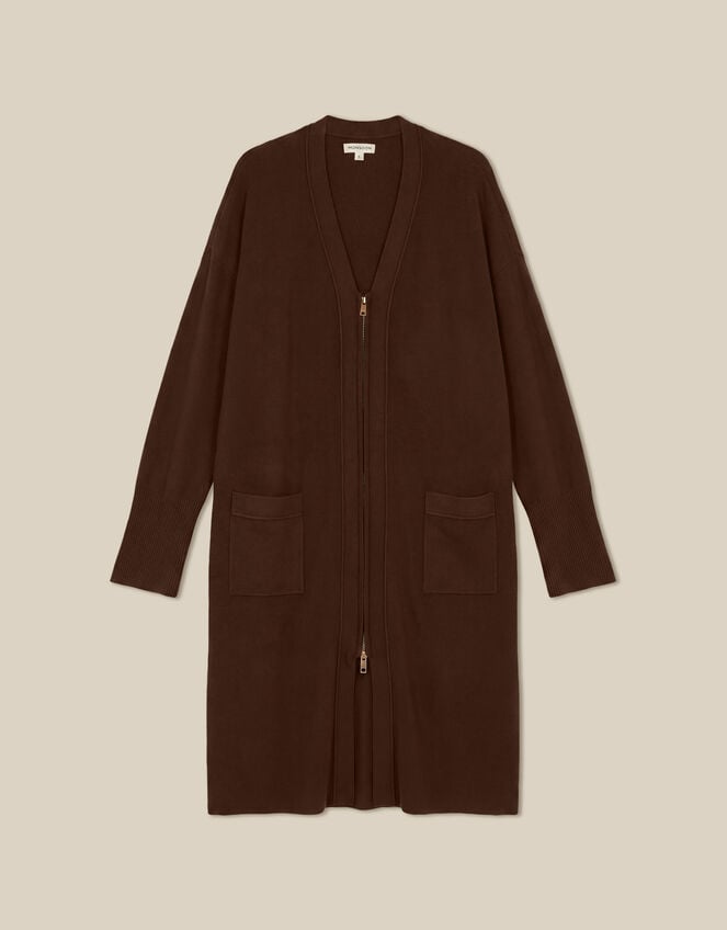Zuri Zip Longline Cardigan, Brown (CHOCOLATE), large